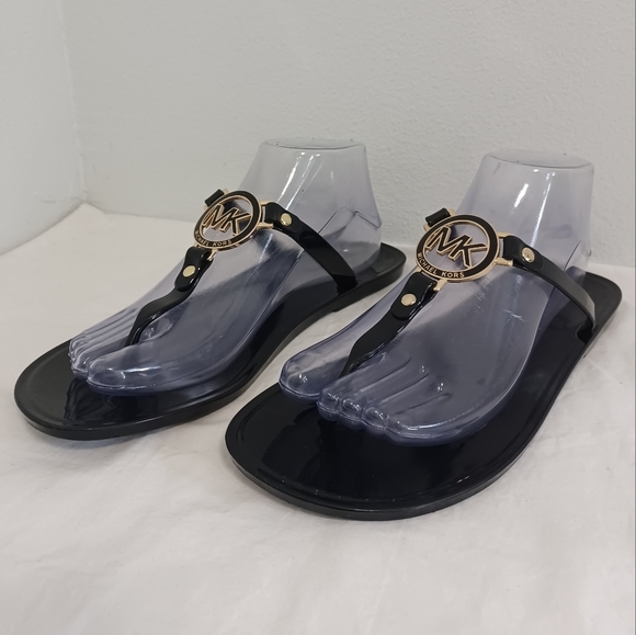 Michael Kors Jelly Slide Thong Flip Flop Sandals Black/gold Logo Mk Sz9m - Picture 1 of 11